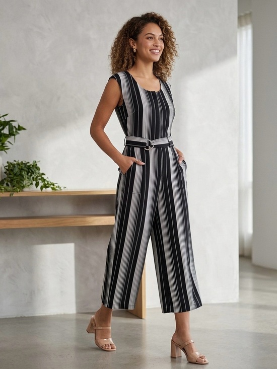 Taylor Pants - Taylor Black and White Striped Sleeveless Jumpsuit with Belt Size 2